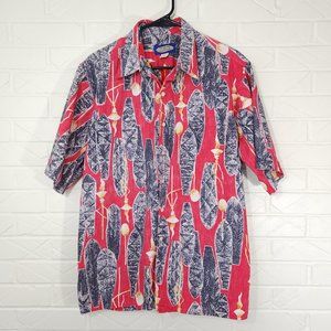 Phil Edwards x Reyn Spooner Red Surfboards Tiki Torches Hawaiian Aloha Shirt L